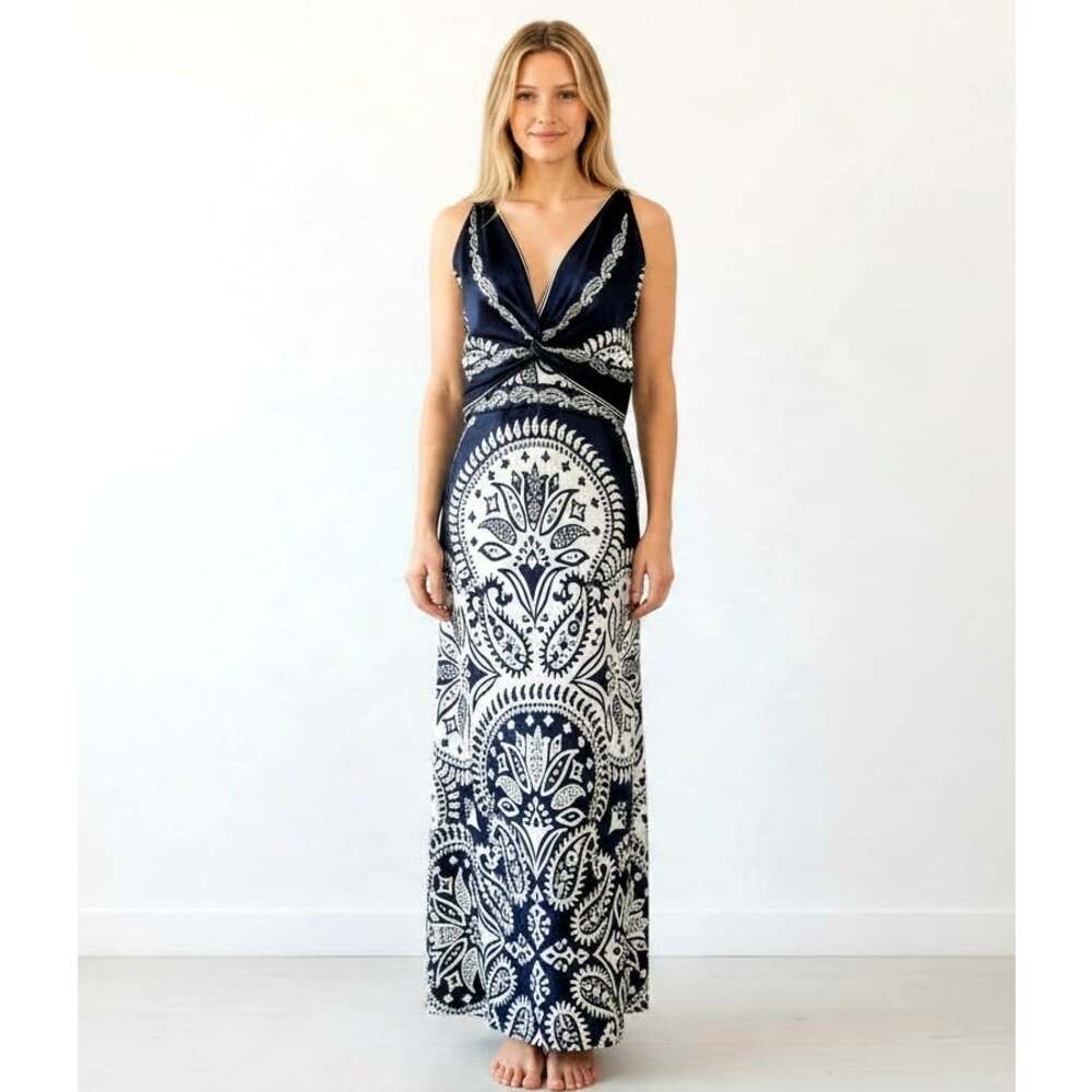 Caroline Constas Navy Paisley Print Maxi Dress M Plunge V Neck Open Back Tie